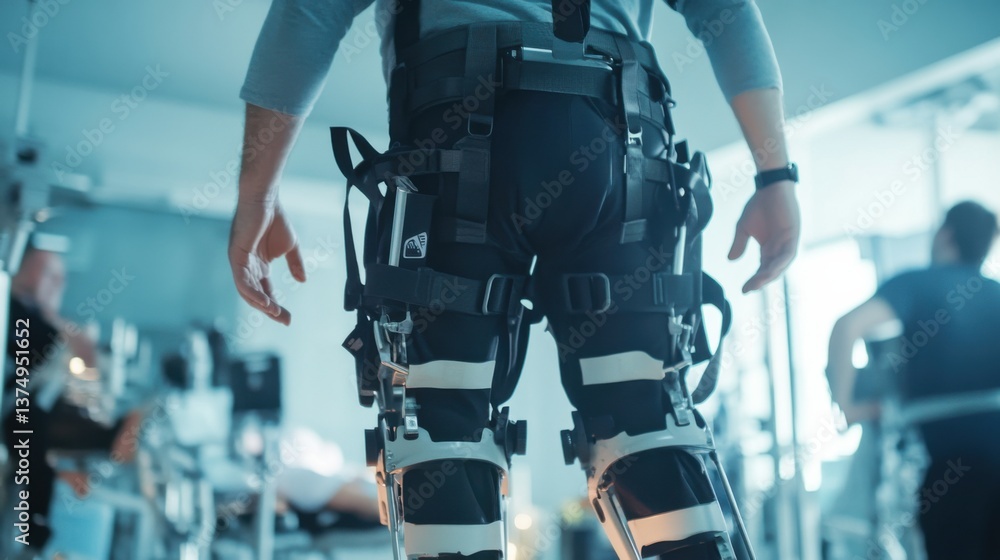 Robotics engineer developing exoskeletons for rehabilitation and mobility assistance, rehab center with exoskeletons and patients, Healthcare Robotics style Robotics engineer developing exoskeletons for rehabilitation and mobility assistance, rehab center with exoskeletons and patients, Healthcare Robotics style
