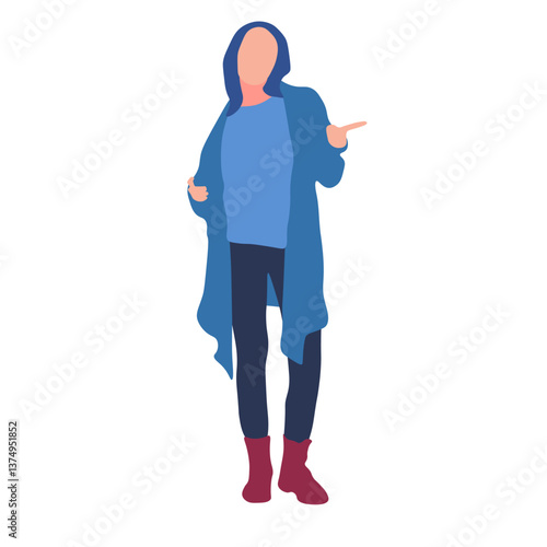 Woman in a blue cardigan, pointing