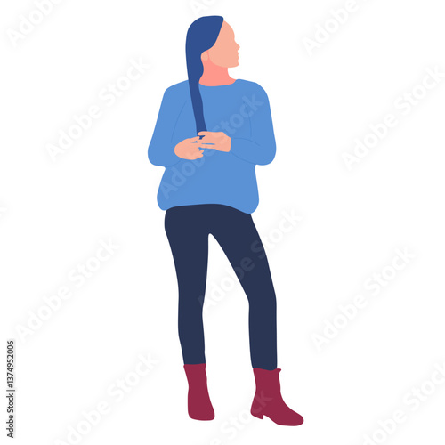 Woman in a light blue sweater, dark blue pants, and maroon boots