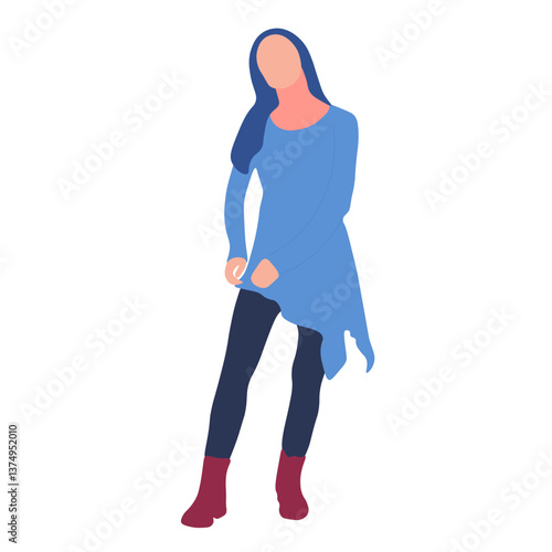 Woman in a light blue tunic top and dark blue pants with burgundy boots
