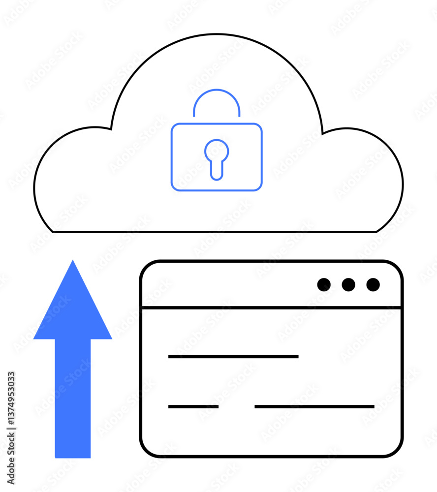 Cloud with padlock illustrates security. Upload arrow and browser represent data transferring safely. Ideal for data storage, backup, encryption, safety, security, technology cloud computing. Flat Cloud with padlock illustrates security. Upload arrow and browser represent data transferring safely. Ideal for data storage, backup, encryption, safety, security, technology cloud computing. Flat