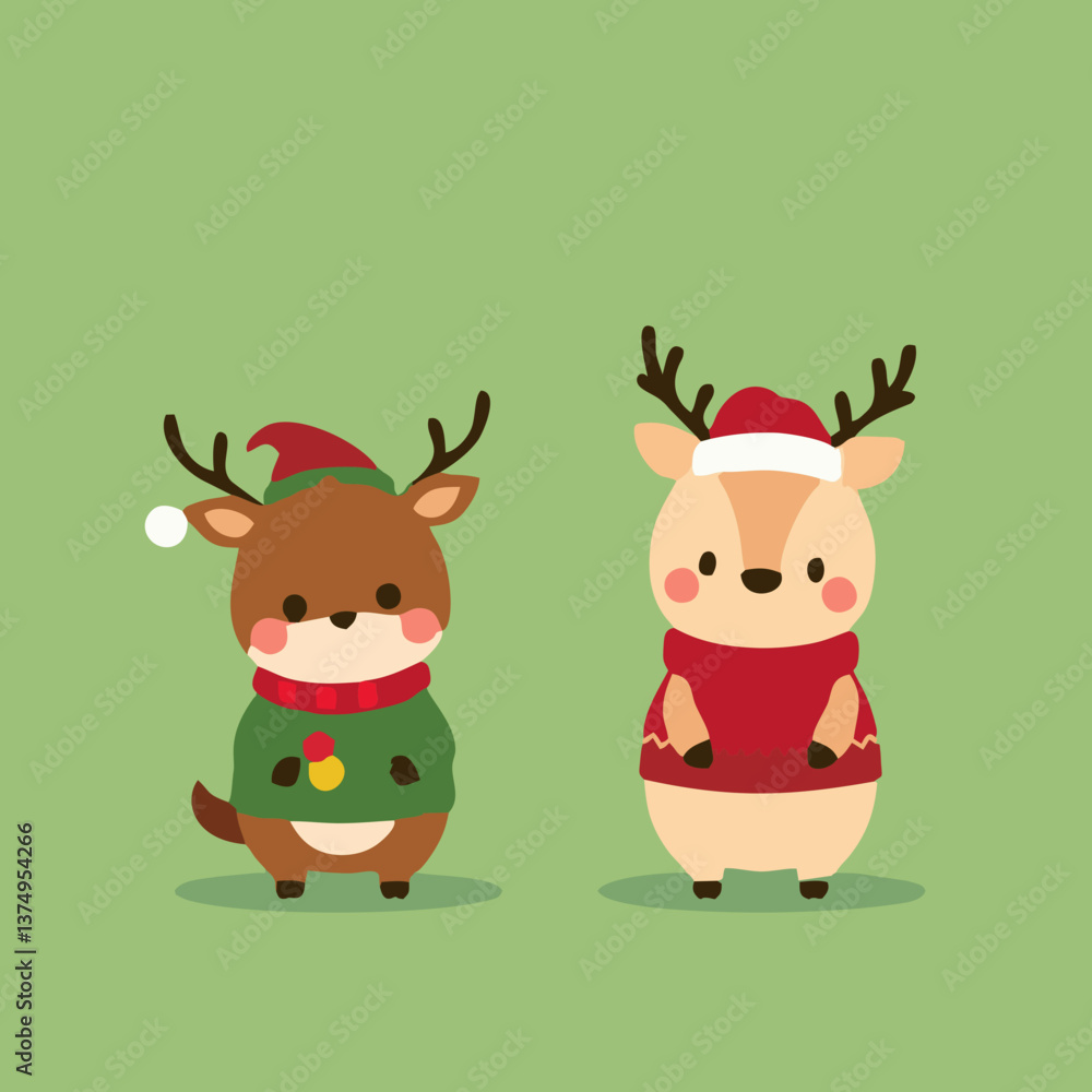 Fototapeta premium Kawaii Christmas Animals - Reindeer and Hamster with Santa Hat