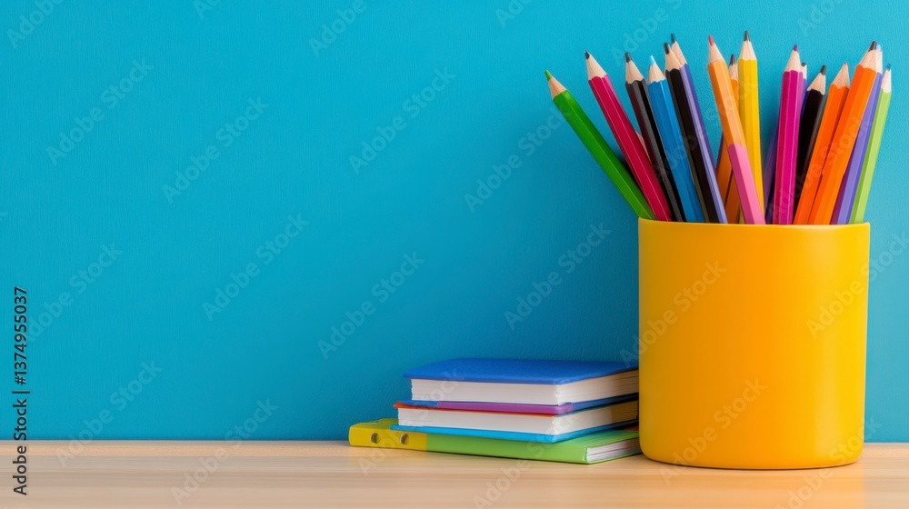 Fototapeta premium Colorful Pencils in Yellow Container with Notebooks on Blue Background