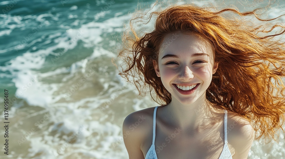 Portrait of a young woman with red hair smiling on the beach during summer vacation travel destination Portrait of a young woman with red hair smiling on the beach during summer vacation travel destination