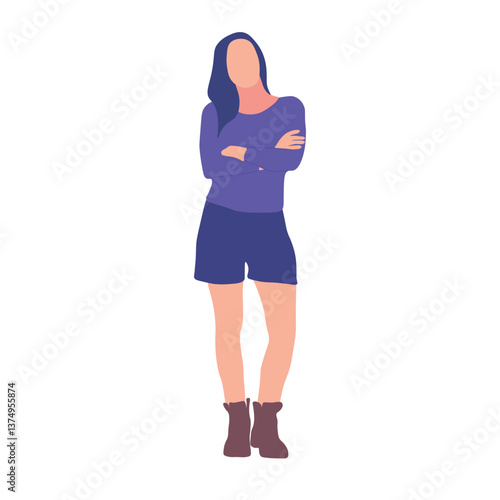 Woman standing with arms crossed, wearing a purple top and shorts, and boots