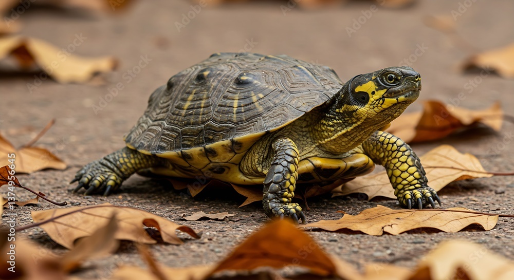 Fototapeta premium Turtle Walking on Pavement Surrounded by Autumn Leaves Outdoor Nature