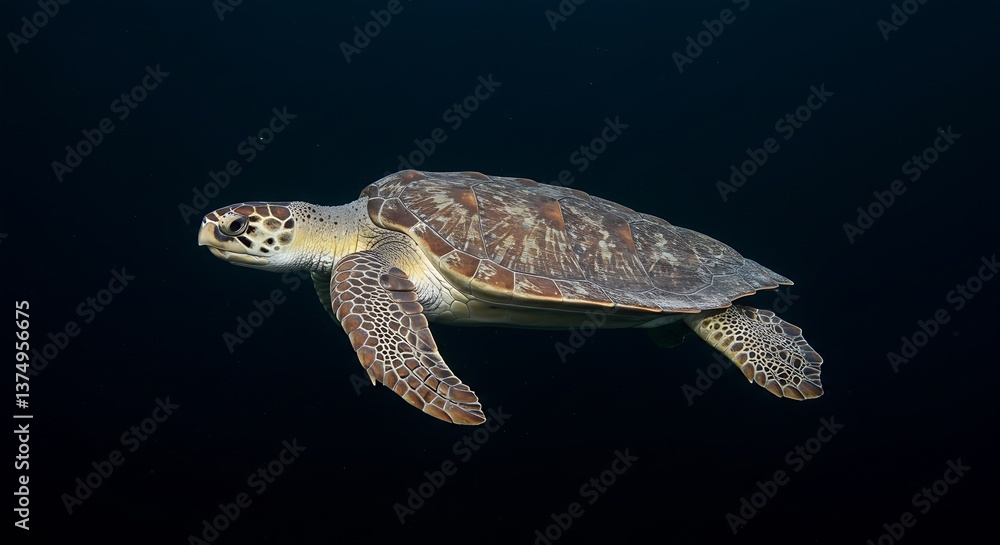 Fototapeta premium Sea Turtle Swimming Gracefully in Dark Ocean Water with Shell Details