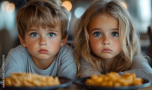 Frustrated kids with selective eating habits struggle with mealtime at home, expressing anger and disappointment over meals they find unappealing,

