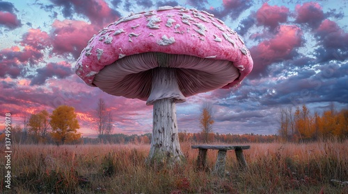 Enormous Pink Mushroom in Autumnal Field at Sunset