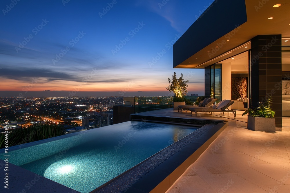 Fototapeta premium Luxury real estate home with infinity pool overlooking city skyline at dusk for sale property investment