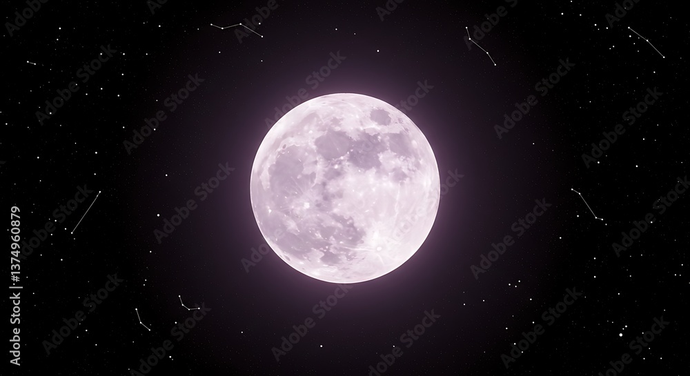 Full Moon Shining Brightly Surrounded by Constellations in Dark Night Sky Full Moon Shining Brightly Surrounded by Constellations in Dark Night Sky