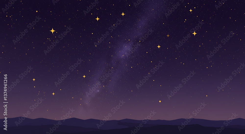 Naklejka premium Night Sky with Milky Way and Stars Over Mountain Landscape