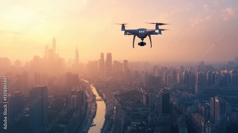 Drone's Eye View: A modern drone soars above a sprawling cityscape at sunset, capturing the grandeur and intricate details of the urban landscape. Drone's Eye View: A modern drone soars above a sprawling cityscape at sunset, capturing the grandeur and intricate details of the urban landscape.