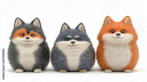Three Adorable Cartoon Dogs Sitting on White Background