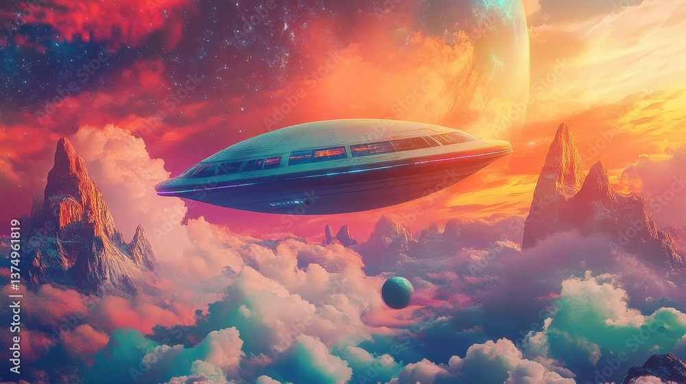 Cosmic Encounter: A mesmerizing illustration depicts a futuristic UFO gracefully navigating a celestial panorama, set against a backdrop of vibrant, dreamlike colors and otherworldly landscapes. Cosmic Encounter: A mesmerizing illustration depicts a futuristic UFO gracefully navigating a celestial panorama, set against a backdrop of vibrant, dreamlike colors and otherworldly landscapes.