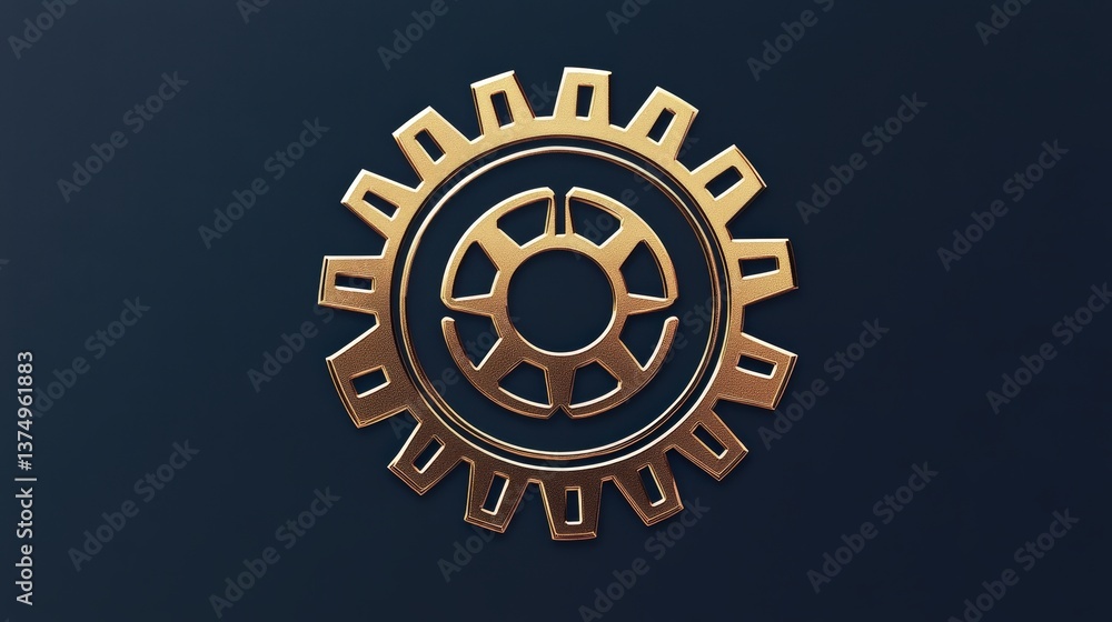Fototapeta premium Gear Icon of Precision: A sophisticated gold gear icon sits against a dark background, perfect for use in branding, design, or technological themes. It embodies efficiency and intricate engineering