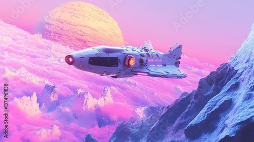 Cosmic Odyssey: A futuristic spaceship soars through an ethereal, vibrant nebula and a colossal moon in a captivating display of space exploration.