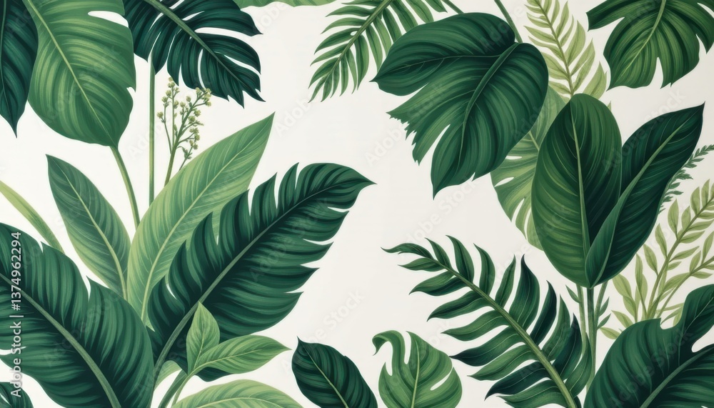 A botanical inspired wallpaper featuring lush, oversized fern leaves in rich shades of green, bringing a touch of nature indoors for a calming and elegant look. A botanical inspired wallpaper featuring lush, oversized fern leaves in rich shades of green, bringing a touch of nature indoors for a calming and elegant look.