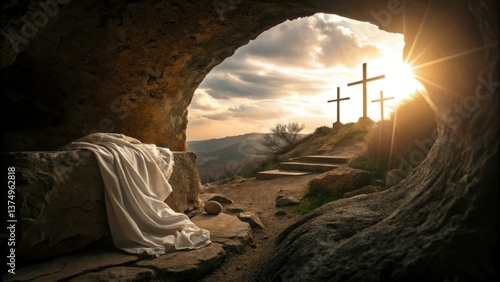 Crucifixion and Resurrection. Empty tomb of Jesus with crosses in the background. Easter or Resurrection concept. He is Risen. Happy Easter. 