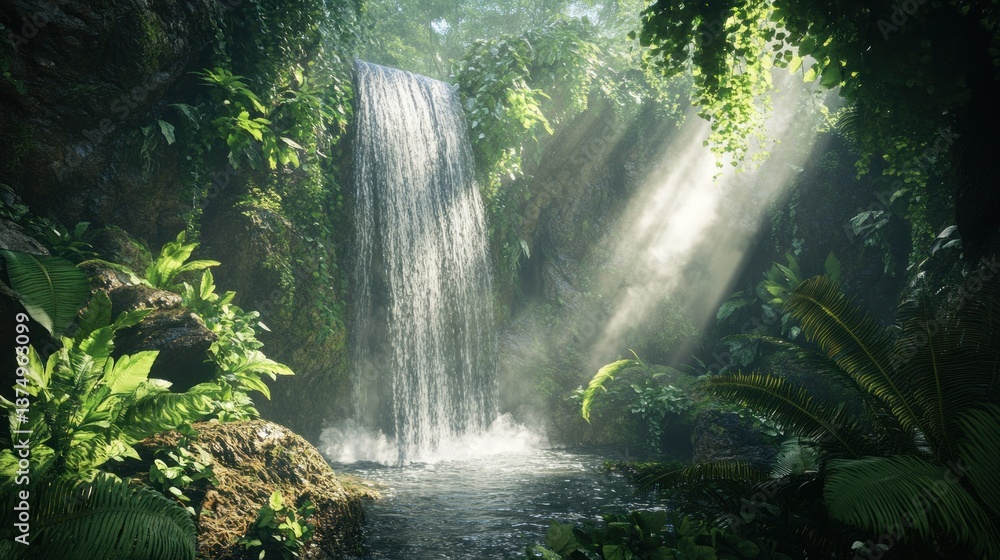 Lush waterfall cascading down a rocky cliff face in a vibrant jungle. Sunlight streams through the dense foliage Lush waterfall cascading down a rocky cliff face in a vibrant jungle. Sunlight streams through the dense foliage