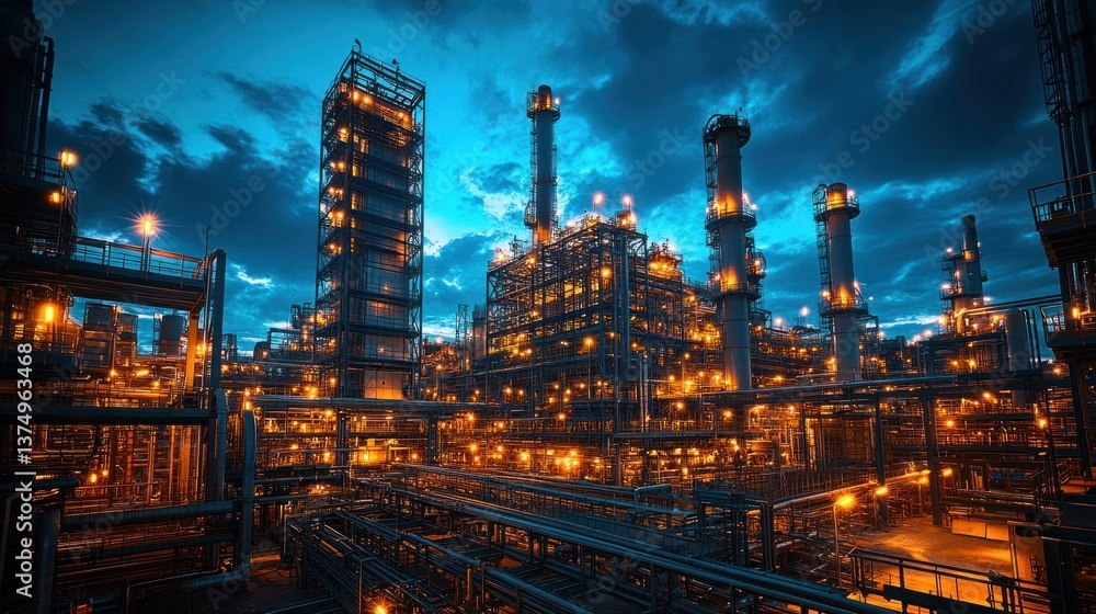 Illuminated oil refinery complex at twilight Illuminated oil refinery complex at twilight