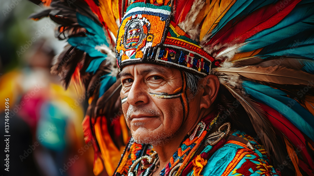 Obraz premium un hombre indigena maya o azteca con su penacho tradicional colorido y cultural para ceremonias tradicionales