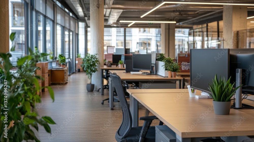 a modern open office space with desks, plants, and large windows. a modern open office space with desks, plants, and large windows.
