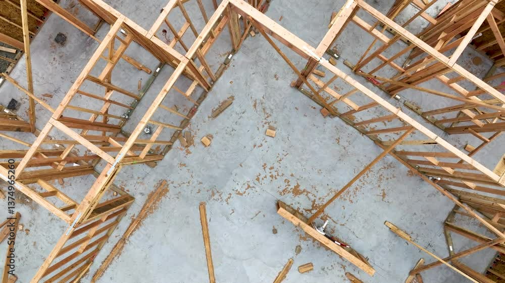 Drone Flying Directly Overhead Aerial Drone Flight of Home Construction Site.
