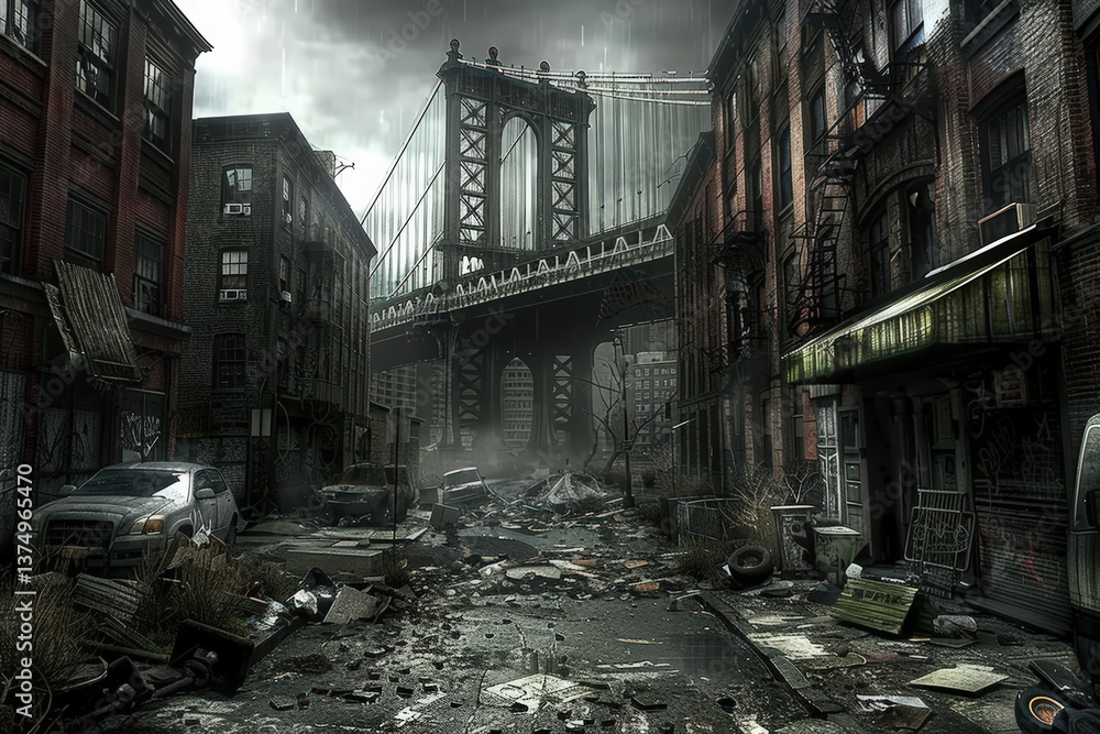 Fototapeta premium An urban scene depicting a desolate street with debris, abandoned cars, and a bridge in the background, creating a post-apocalyptic atmosphere.