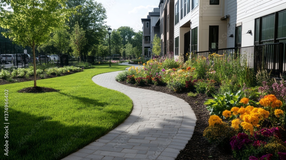 A winding pathway and vibrant flowerbeds beside a building. A winding pathway and vibrant flowerbeds beside a building.