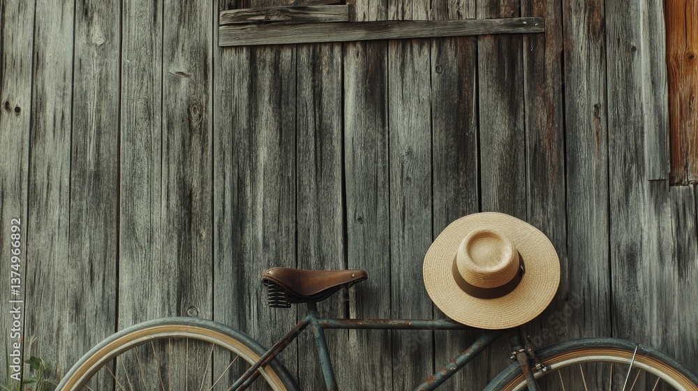 A hat resting on the seat of a vintage bicycle, leaning against a wooden barn A hat resting on the seat of a vintage bicycle, leaning against a wooden barn