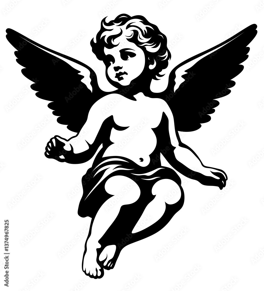 Fototapeta premium Black and white illustration of a little angel child. Logo of a boy with wings. Design cute beautiful flying angel. Cupid. Flying cherub.