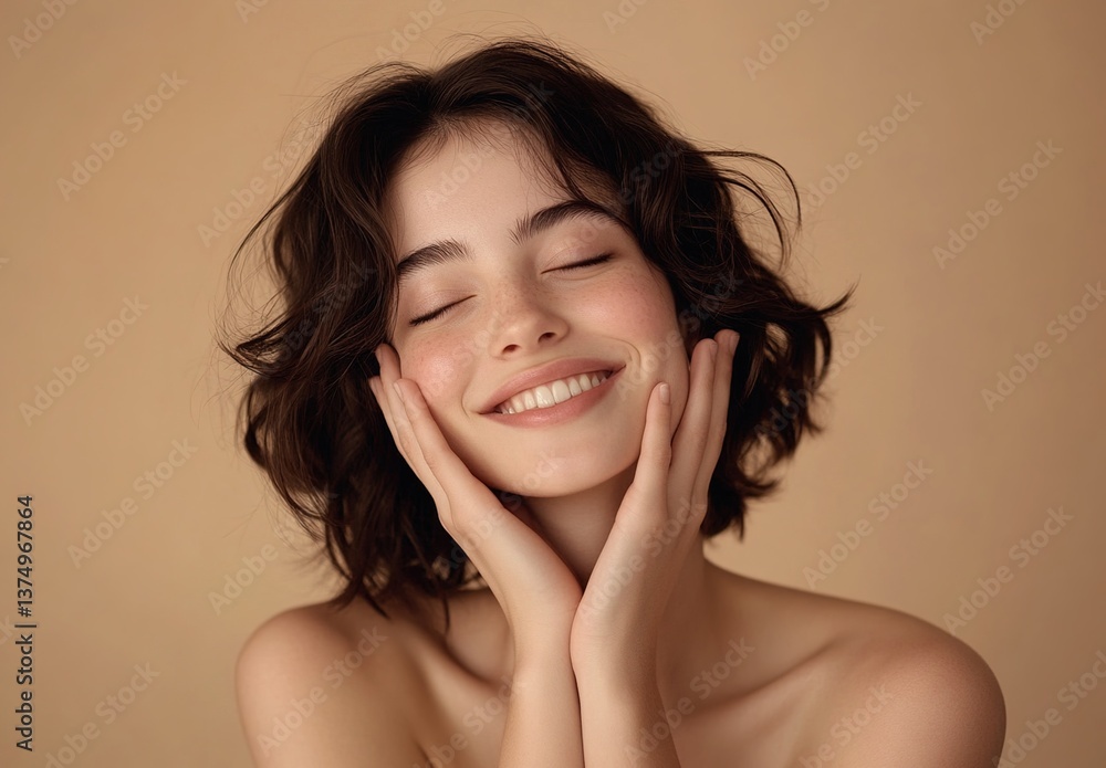 Portrait of young European brunette woman smiling with eyes closed, touching her face gently over beige studio backdrop, showing natural beauty Portrait of young European brunette woman smiling with eyes closed, touching her face gently over beige studio backdrop, showing natural beauty