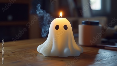 Ghostly Glow: A charming, candle shaped like a ghost with eyes is emitting gentle smoke.