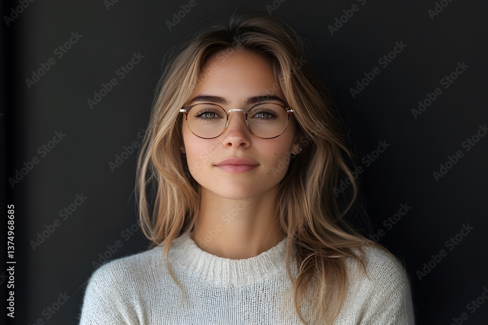 Portrait of a woman with glasses, highlighting vision care and optical insurance for eye exams. Features a satisfied client with prescription eyewear and new frames,