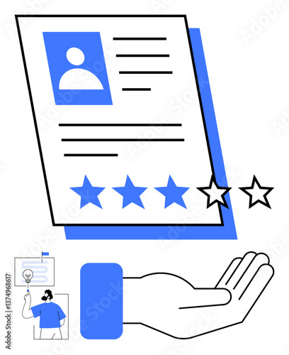 Candidate profile document with photo, text details, and star ratings above an open hand gesture. Small figure presenting ideas. Ideal for recruitment, HR, career, opportunity, analysis assessment
