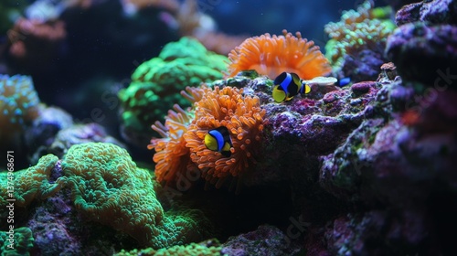 Underwater Paradise: An underwater scene unveils a vibrant coral reef, teeming with life, colorful fish darting around coral formations, creating a visual symphony.