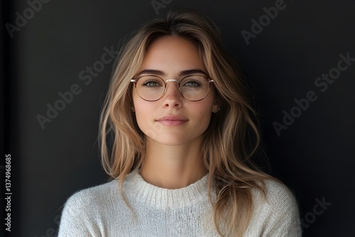 Portrait of a woman with glasses, highlighting vision care and optical insurance for eye exams. Features a satisfied client with prescription eyewear and new frames,

