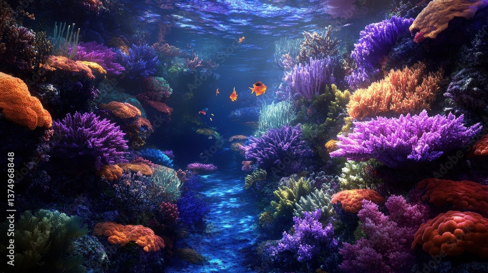 Fototapeta premium Underwater Coral Symphony: Dive into a breathtaking underwater world bursting with vibrant colors, where a kaleidoscope of coral reefs thrives, teeming with marine life.