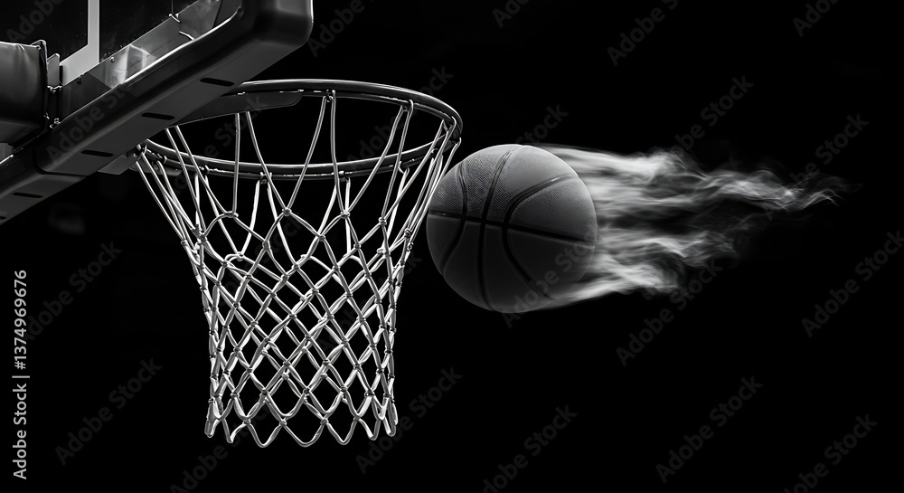 Basketball Flying Towards Hoop with Motion Blur Smoke Effect on Black Basketball Flying Towards Hoop with Motion Blur Smoke Effect on Black