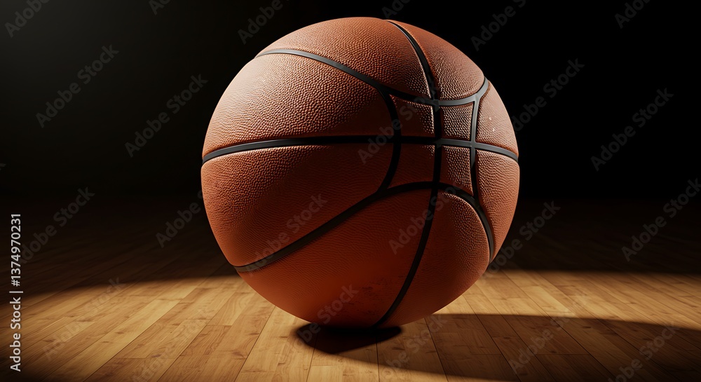 Obraz premium Basketball on Wooden Court in Dramatic Lighting Sports and Game Ready
