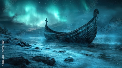 Viking Longboat Under Aurora: A solitary Viking longboat floats serenely on the water under the ethereal glow of the Aurora Borealis. The scene evokes a sense of adventure and mystery.
