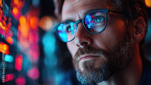 A close up of a man wearing glasses observing data
