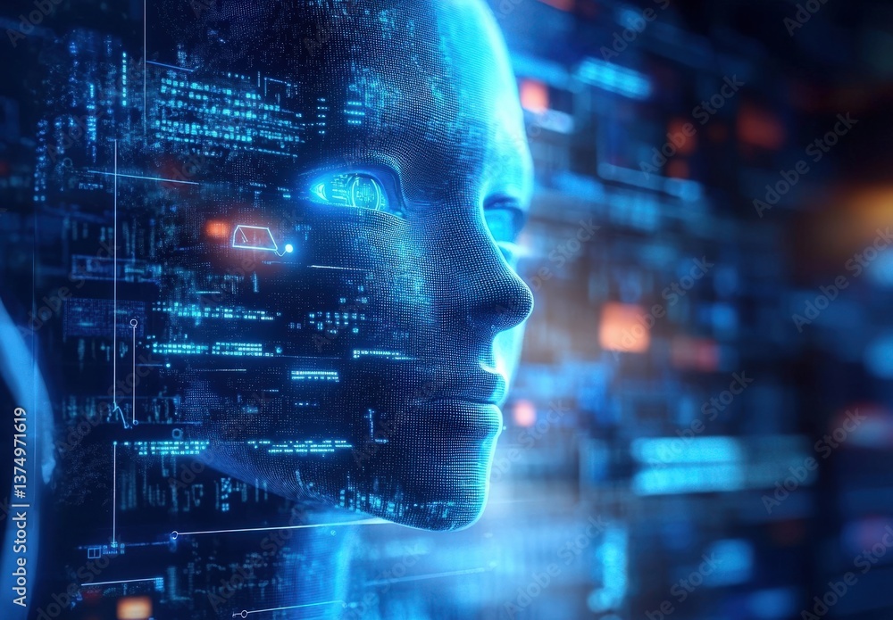 Artificial Intelligence Face with Digital Code Artificial Intelligence Face with Digital Code
