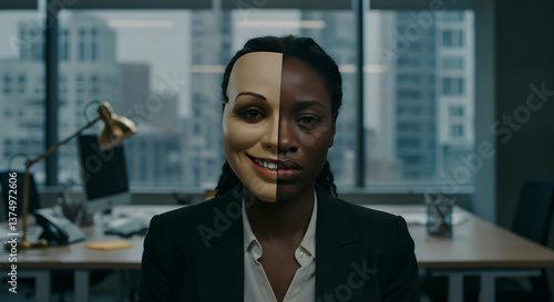 Black woman in office hiding emotions with a mask