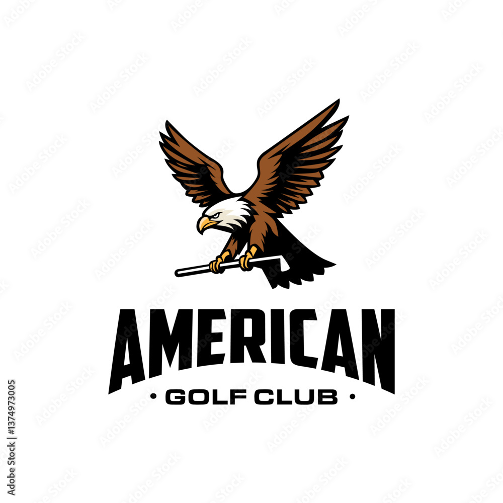 Obraz premium Flying Eagle Hawk Falcon Holding Golf Stick for golf club sport logo design