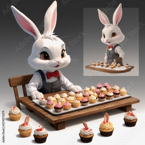 Easter theme with Easter eggs and white bunnies on a clean background, with soft shadows and delicate details.