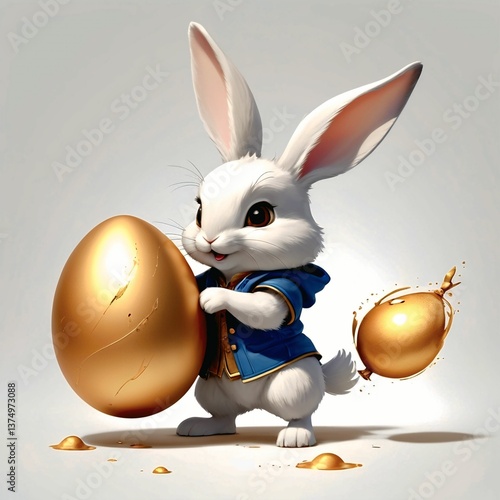 Easter theme with Easter eggs and white bunnies on a clean background, with soft shadows and delicate details.