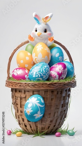 Easter theme with Easter eggs and white bunnies on a clean background, with soft shadows and delicate details.