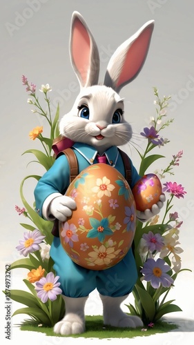 Easter theme with Easter eggs and white bunnies on a clean background, with soft shadows and delicate details.